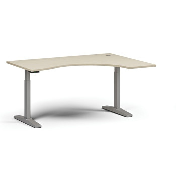 Výškově nastavitelný stůl, elektrický, 675-1325 mm, ergonomický pravý, deska 1600x1200 mm, šedá podnož, bříza
