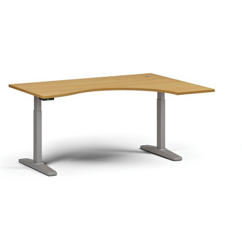 Výškově nastavitelný stůl, elektrický, 675-1325 mm, ergonomický pravý, deska 1600x1200 mm, šedá podnož, buk