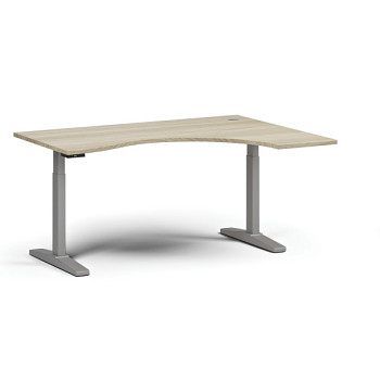 Výškově nastavitelný stůl, elektrický, 675-1325 mm, ergonomický pravý, deska 1600x1200 mm, šedá podnož, dub přírodní