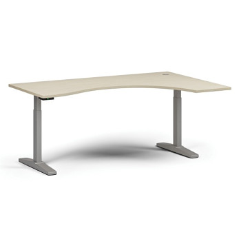 Výškově nastavitelný stůl, elektrický, 675-1325 mm, ergonomický pravý, deska 1800x1200 mm, šedá podnož, bříza
