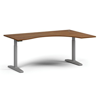 Výškově nastavitelný stůl, elektrický, 675-1325 mm, ergonomický pravý, deska 1800x1200 mm, šedá podnož, ořech