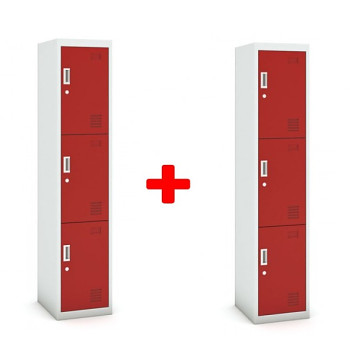 Šatní skříňka trojdveřová 1+1 ZDARMA, cylindrický zámek, šedá/červená
