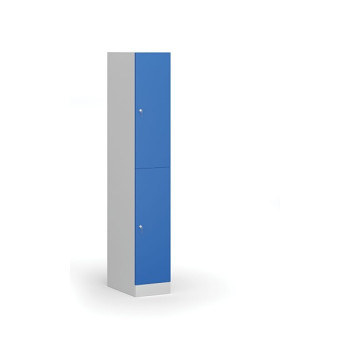 Šatní skříňka s úložnými boxy, 2 boxy, 1850 x 300 x 500 mm, cylindrický zámek, modré dveře