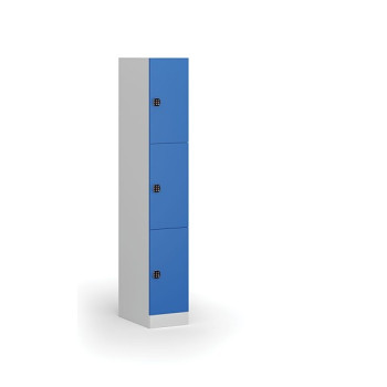 Šatní skříňka s úložnými boxy, 3 boxy, 1850 x 300 x 500 mm, kódový zámek, modré dveře