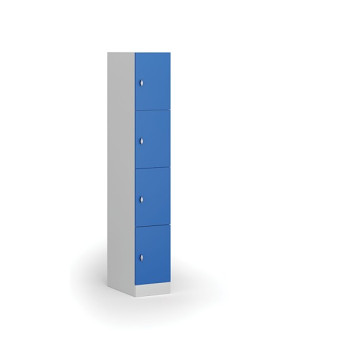 Šatní skříňka s úložnými boxy, 4 boxy, 1850 x 300 x 500 mm, otočný zámek, modré dveře