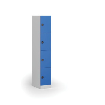 Šatní skříňka s úložnými boxy, 4 boxy, 1850 x 300 x 500 mm, kódový zámek, modré dveře