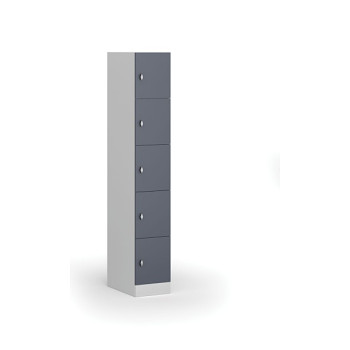 Šatní skříňka s úložnými boxy, 5 boxů, 1850 x 300 x 500 mm, otočný zámek, tmavě šedé dveře