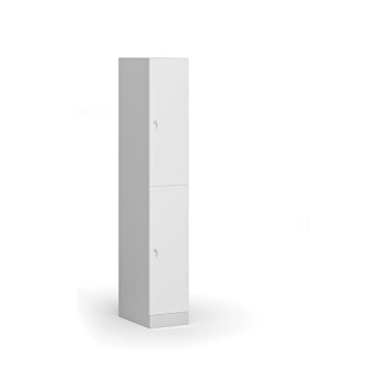 Šatní skříňka s úložnými boxy, 2 boxy, 1850 x 300 x 500 mm, cylindrický zámek, laminované dveře, bílá