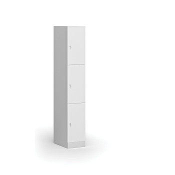 Šatní skříňka s úložnými boxy, 3 boxy, 1850 x 300 x 500 mm, cylindrický zámek, laminované dveře, bílá