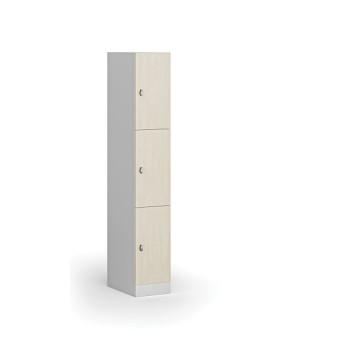 Šatní skříňka s úložnými boxy, 3 boxy, 1850 x 300 x 500 mm, otočný zámek, laminované dveře, bříza