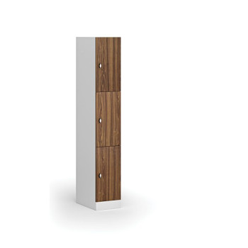 Šatní skříňka s úložnými boxy, 3 boxy, 1850 x 300 x 500 mm, otočný zámek, laminované dveře, ořech