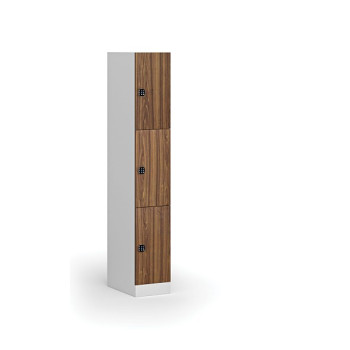 Šatní skříňka s úložnými boxy, 3 boxy, 1850 x 300 x 500 mm, kódový zámek, laminované dveře, ořech