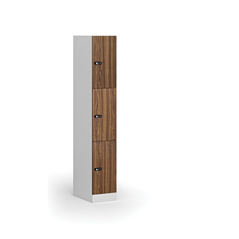 Šatní skříňka s úložnými boxy, 3 boxy, 1850 x 300 x 500 mm, mechanický kódový zámek, laminované dveře, ořech