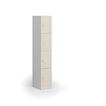 Šatní skříňka s úložnými boxy, 4 boxy, 1850 x 300 x 500 mm, cylindrický zámek, laminované dveře, bříza