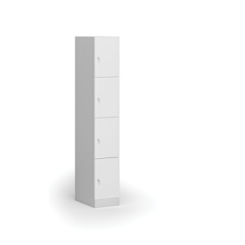Šatní skříňka s úložnými boxy, 4 boxy, 1850 x 300 x 500 mm, cylindrický zámek, laminované dveře, bílá