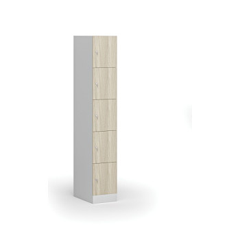 Šatní skříňka s úložnými boxy, 5 boxů, 1850 x 300 x 500 mm, cylindrický zámek, laminované dveře, dub přírodní