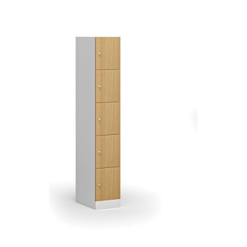 Šatní skříňka s úložnými boxy, 5 boxů, 1850 x 300 x 500 mm, cylindrický zámek, laminované dveře, buk