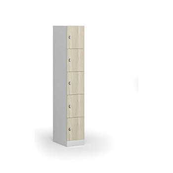 Šatní skříňka s úložnými boxy, 5 boxů, 1850 x 300 x 500 mm, otočný zámek, laminované dveře, dub přírodní