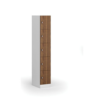 Šatní skříňka s úložnými boxy, 5 boxů, 1850 x 300 x 500 mm, otočný zámek, laminované dveře, ořech