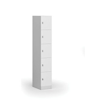 Šatní skříňka s úložnými boxy, 5 boxů, 1850 x 300 x 500 mm, otočný zámek, laminované dveře, bílá