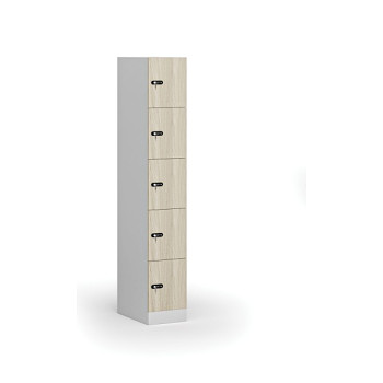 Šatní skříňka s úložnými boxy, 5 boxů, 1850 x 300 x 500 mm, mechanický kódový zámek, laminované dveře, dub přírodní