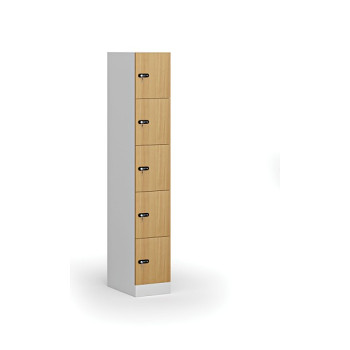 Šatní skříňka s úložnými boxy, 5 boxů, 1850 x 300 x 500 mm, mechanický kódový zámek, laminované dveře, buk