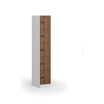 Šatní skříňka s úložnými boxy, 5 boxů, 1850 x 300 x 500 mm, mechanický kódový zámek, laminované dveře, ořech