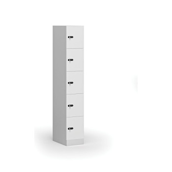 Šatní skříňka s úložnými boxy, 5 boxů, 1850 x 300 x 500 mm, mechanický kódový zámek, laminované dveře, bílá