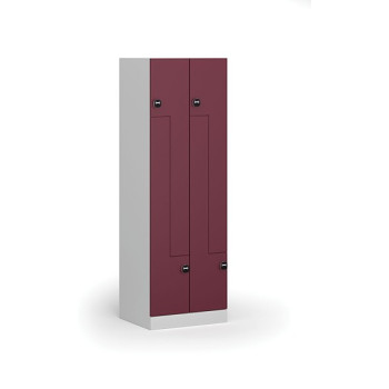 Kovová šatní skříňka Z, 4 oddíly, 1850 x 600 x 500 mm, zámek s čtečkou RFID karet, červené dveře