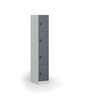 Šatní skříňka s úložnými boxy, 4 boxy, 1850 x 300 x 500 mm, zámek s čtečkou RFID karet, tmavě šedé dveře