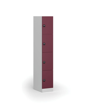Šatní skříňka s úložnými boxy, 4 boxy, 1850 x 300 x 500 mm, zámek s čtečkou RFID karet, červené dveře