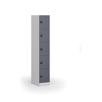 Šatní skříňka s úložnými boxy, 5 boxů, 1850 x 300 x 500 mm, zámek s čtečkou RFID karet, tmavě šedé dveře