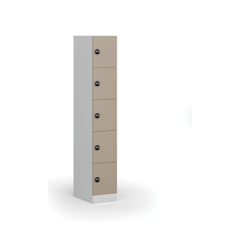 Šatní skříňka s úložnými boxy, 5 boxů, 1850 x 300 x 500 mm, zámek s čtečkou RFID karet, béžové dveře