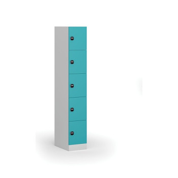 Šatní skříňka s úložnými boxy, 5 boxů, 1850 x 300 x 500 mm, zámek s čtečkou RFID karet, zelené dveře