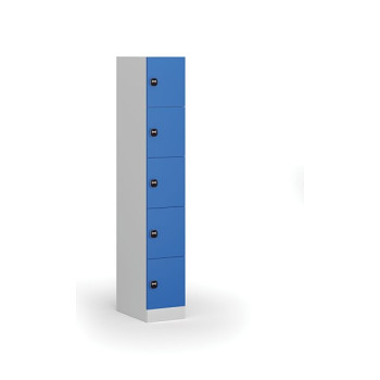 Šatní skříňka s úložnými boxy, 5 boxů, 1850 x 300 x 500 mm, zámek s čtečkou RFID karet, modré dveře