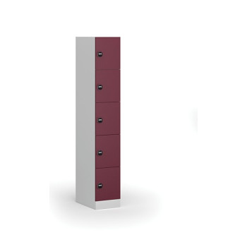 Šatní skříňka s úložnými boxy, 5 boxů, 1850 x 300 x 500 mm, zámek s čtečkou RFID karet, červené dveře