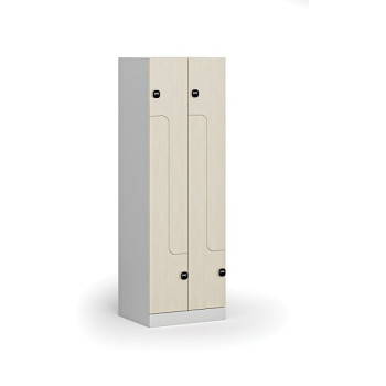Kovová šatní skříňka Z, 4 oddíly, 1850 x 600 x 500 mm, zámek s čtečkou RFID karet, laminované dveře, bříza