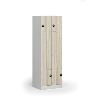 Kovová šatní skříňka Z, 4 oddíly, 1850 x 600 x 500 mm, zámek s čtečkou RFID karet, laminované dveře, dub přírodní