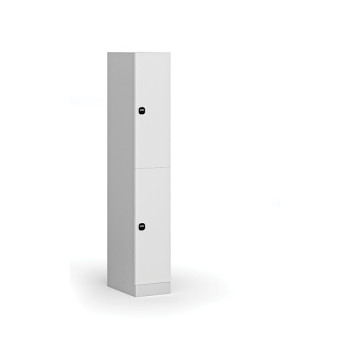 Šatní skříňka s úložnými boxy, 2 boxy, 1850 x 300 x 500 mm, zámek s čtečkou RFID karet, laminované dveře, bílá