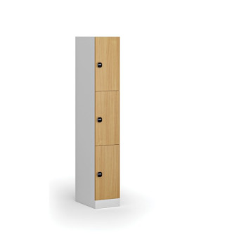Šatní skříňka s úložnými boxy, 3 boxy, 1850 x 300 x 500 mm, zámek s čtečkou RFID karet, laminované dveře, buk