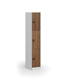 Šatní skříňka s úložnými boxy, 3 boxy, 1850 x 300 x 500 mm, zámek s čtečkou RFID karet, laminované dveře, ořech