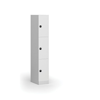 Šatní skříňka s úložnými boxy, 3 boxy, 1850 x 300 x 500 mm, zámek s čtečkou RFID karet, laminované dveře, bílá