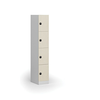 Šatní skříňka s úložnými boxy, 4 boxy, 1850 x 300 x 500 mm, zámek s čtečkou RFID karet, laminované dveře, bříza