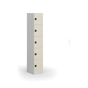 Šatní skříňka s úložnými boxy, 5 boxů, 1850 x 300 x 500 mm, zámek s čtečkou RFID karet, laminované dveře, bříza
