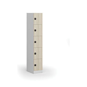 Šatní skříňka s úložnými boxy, 5 boxů, 1850 x 300 x 500 mm, zámek s čtečkou RFID karet, laminované dveře, dub přírodní