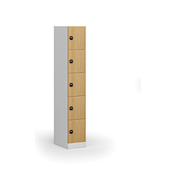 Šatní skříňka s úložnými boxy, 5 boxů, 1850 x 300 x 500 mm, zámek s čtečkou RFID karet, laminované dveře, buk