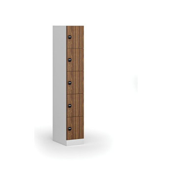 Šatní skříňka s úložnými boxy, 5 boxů, 1850 x 300 x 500 mm, zámek s čtečkou RFID karet, laminované dveře, ořech