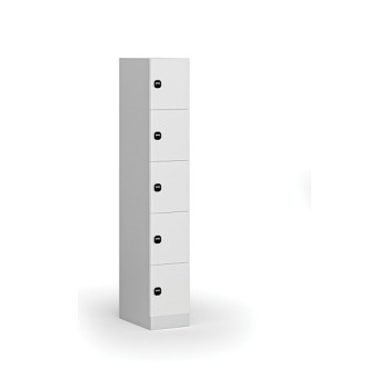 Šatní skříňka s úložnými boxy, 5 boxů, 1850 x 300 x 500 mm, zámek s čtečkou RFID karet, laminované dveře, bílá