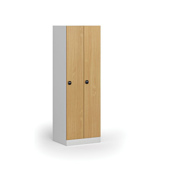 Kovová šatní skříňka, 2-dveřová, 1850 x 600 x 500 mm, zámek s čtečkou RFID karet, laminované dveře, buk