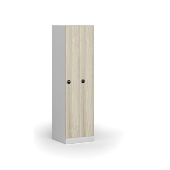 Kovová šatní skříňka zúžená, 2 oddíly, 1850 x 500 x 500 mm, zámek s čtečkou RFID karet, laminované dveře, dub přírodní